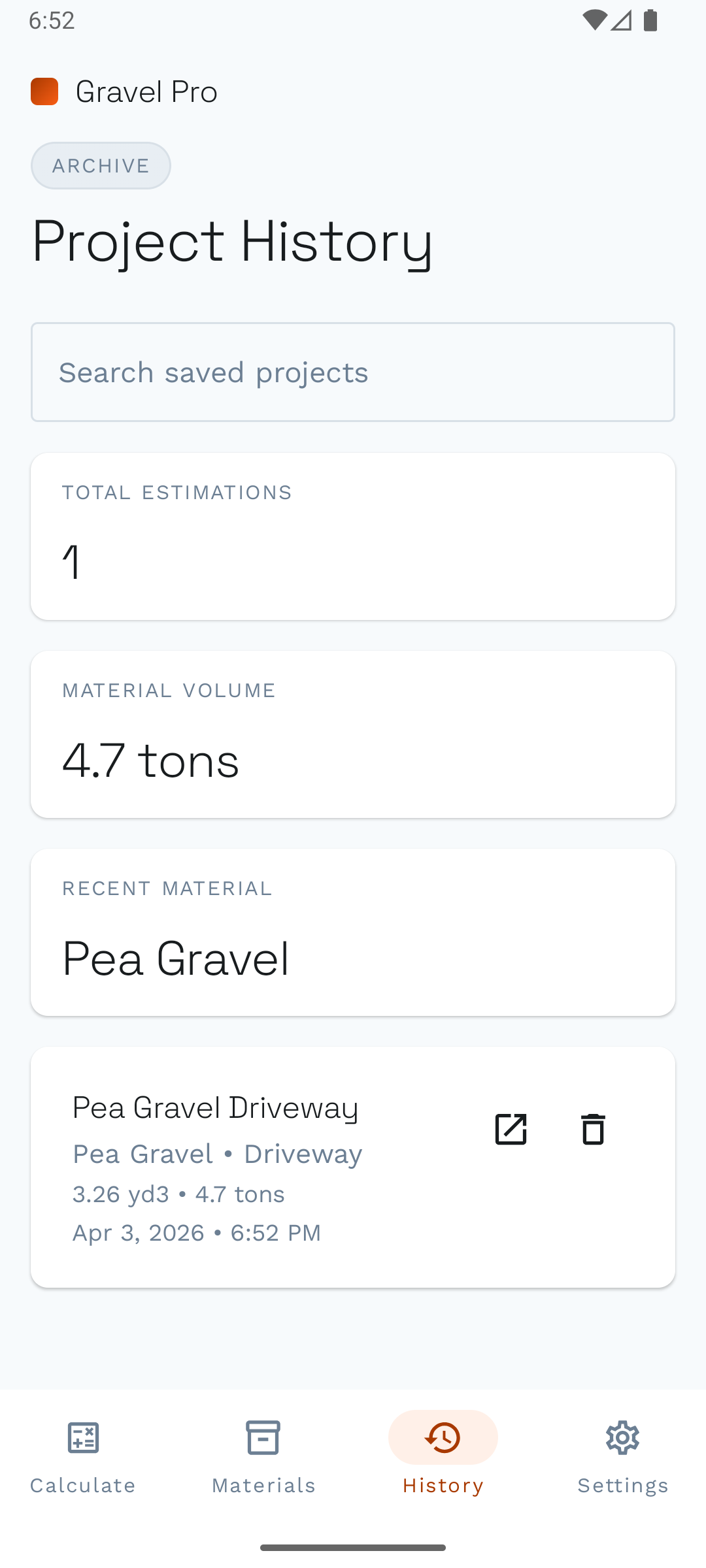 Project history screen from Gravel Calculator