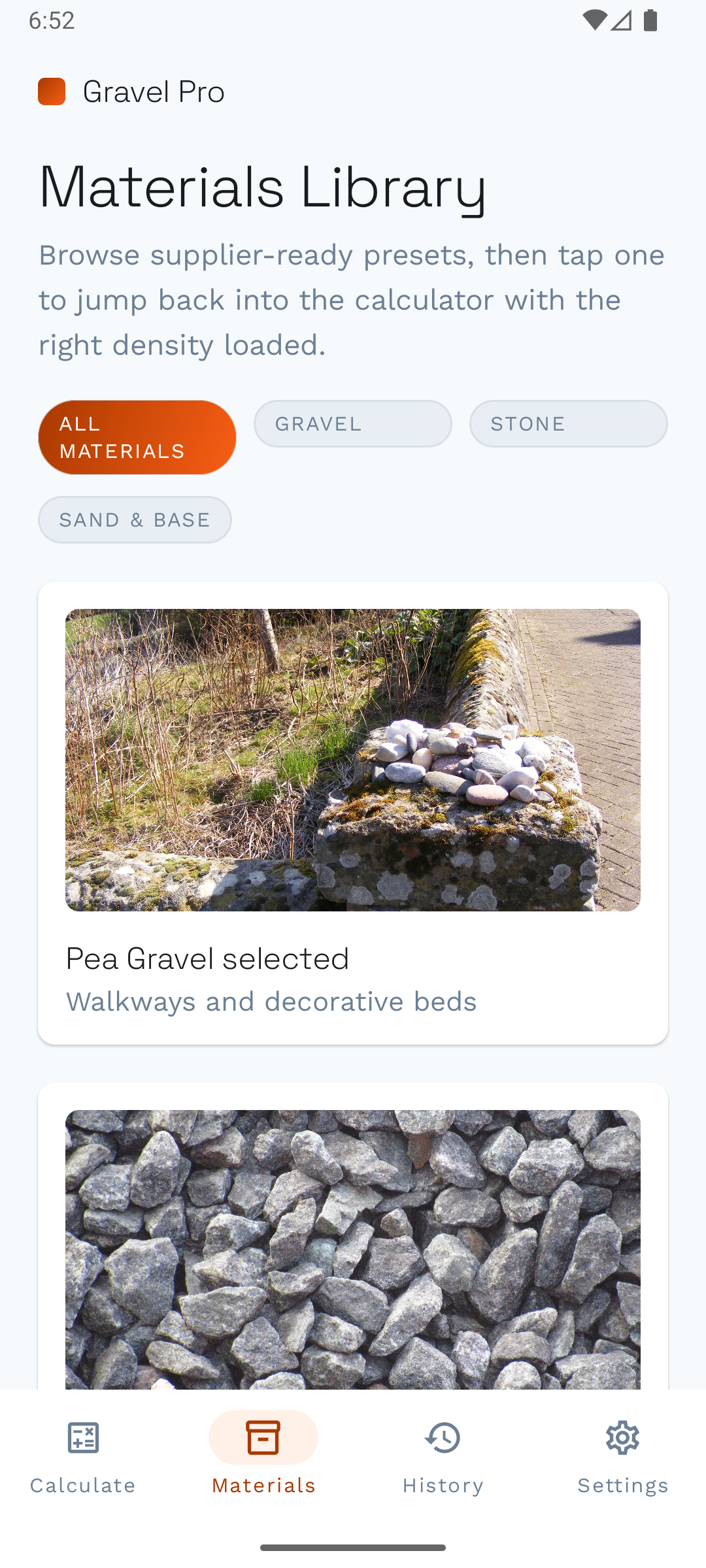 Materials guide screen from Gravel Calculator
