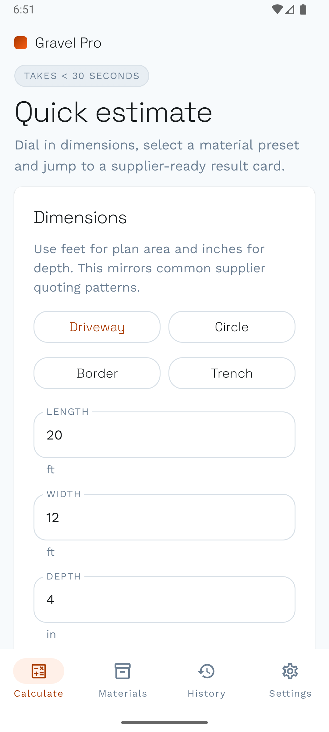 Quick estimate screen from Gravel Calculator