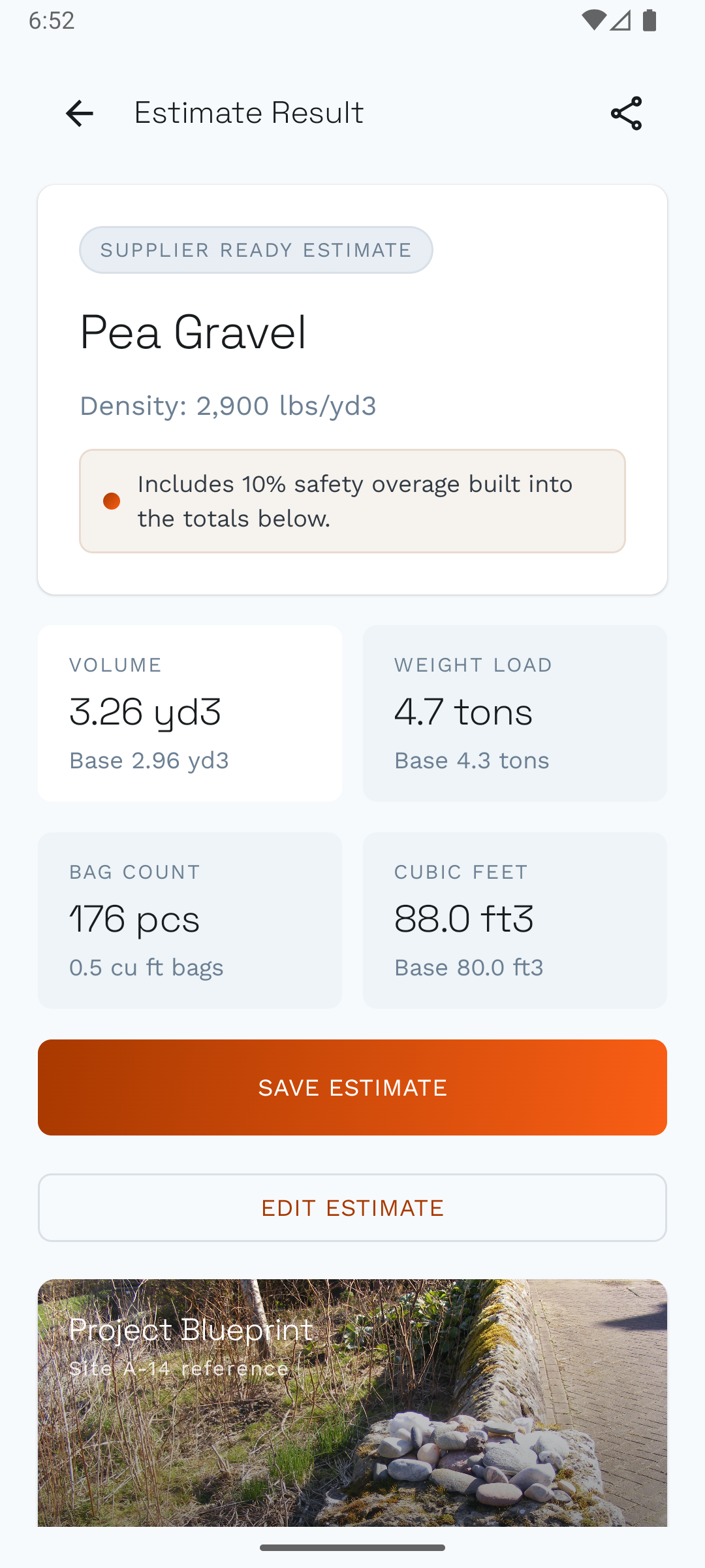 Result detail screen from Gravel Calculator