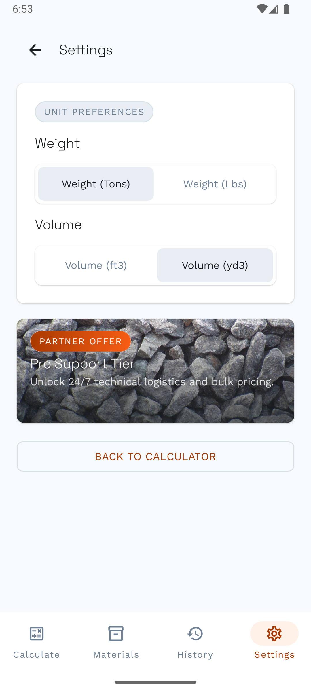 Settings screen from Gravel Calculator